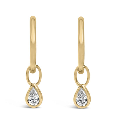 Front view close-up of a pair of yellow metal earrings with a linked oval design, each featuring a pear-shaped white gemstone in bezel setting at the bottom.