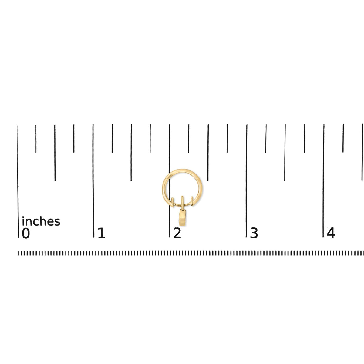 Yellow hoop earring with a small dangling rectangular charm featuring two white pear-shaped gemstones in bezel settings, shown on a measurement scale, front angle.