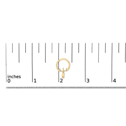 Yellow hoop earring with a small dangling rectangular charm featuring two white pear-shaped gemstones in bezel settings, shown on a measurement scale, front angle.