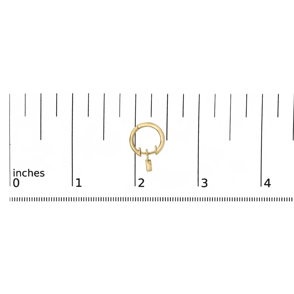 Close-up front view of a single yellow circular hoop earring with a small rectangular charm hanging inside the hoop, shown on a ruler scale.