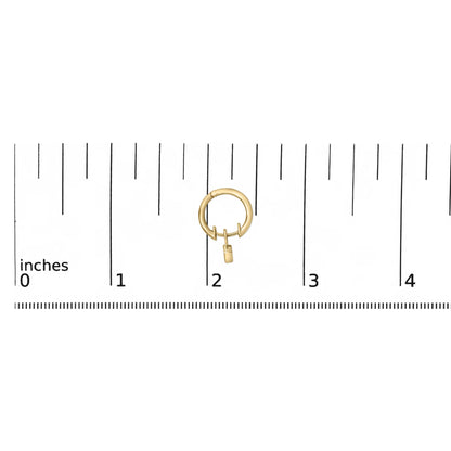 Close-up front view of a single yellow circular hoop earring with a small rectangular charm hanging inside the hoop, shown on a ruler scale.