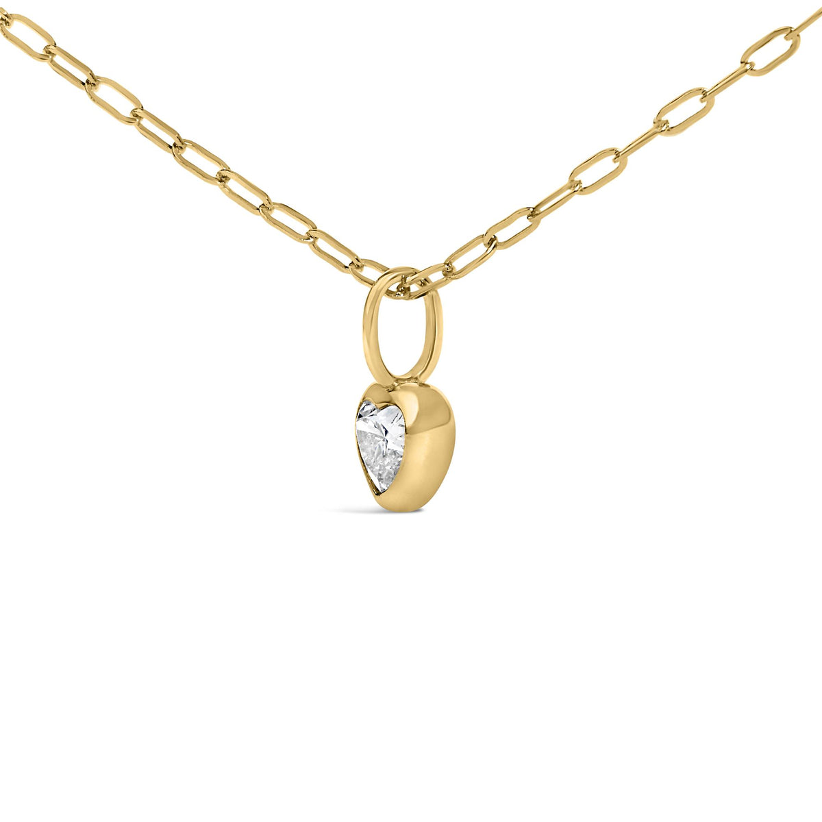 Close-up front view of a yellow necklace chain with a heart-shaped pendant featuring one white gemstone in bezel setting.