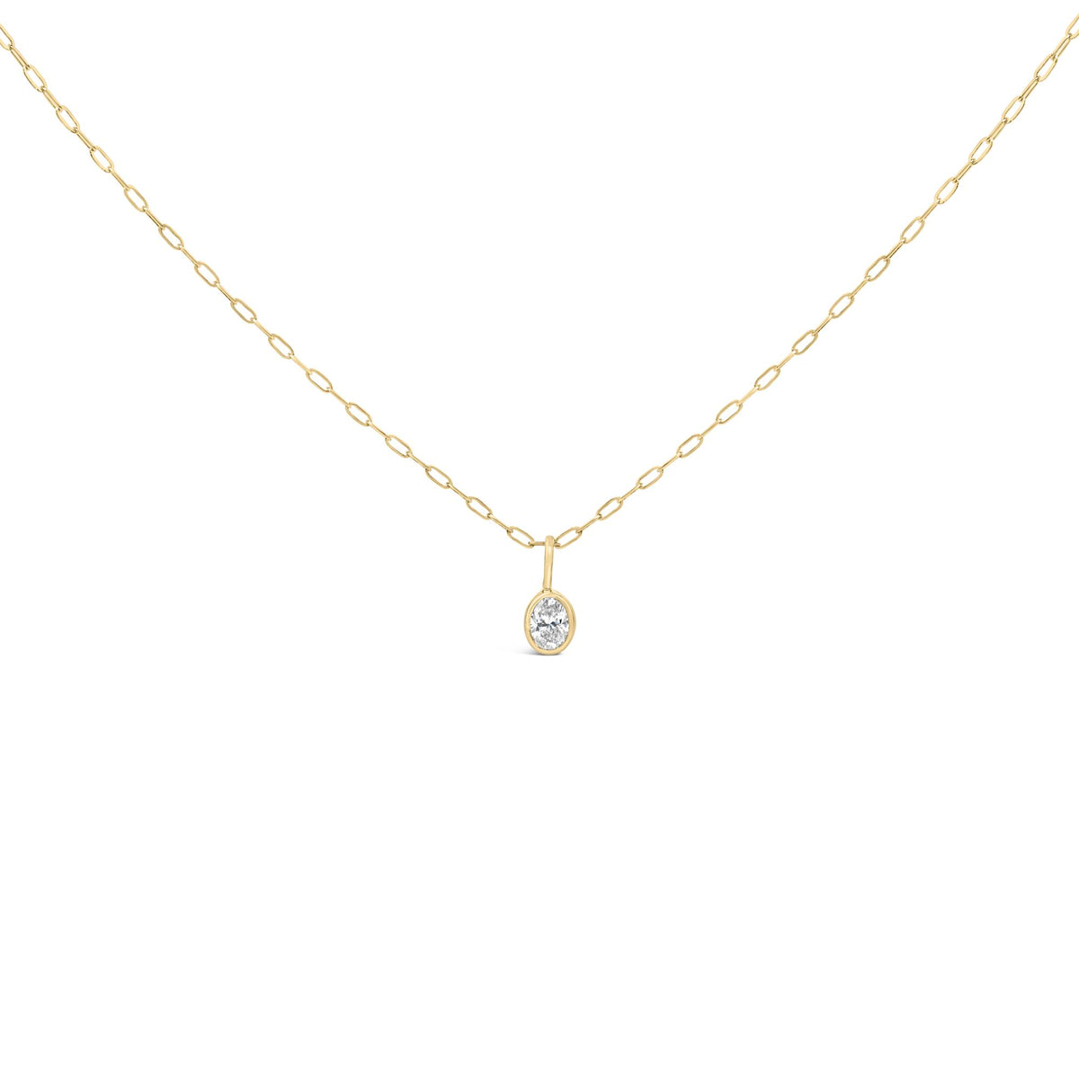Close-up front view of a yellow necklace chain with an oval white gemstone pendant in a bezel setting.