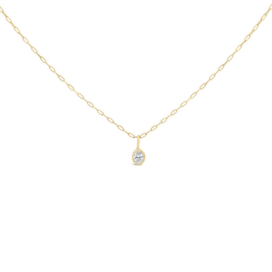 Close-up front view of a yellow necklace chain with an oval white gemstone pendant in a bezel setting.
