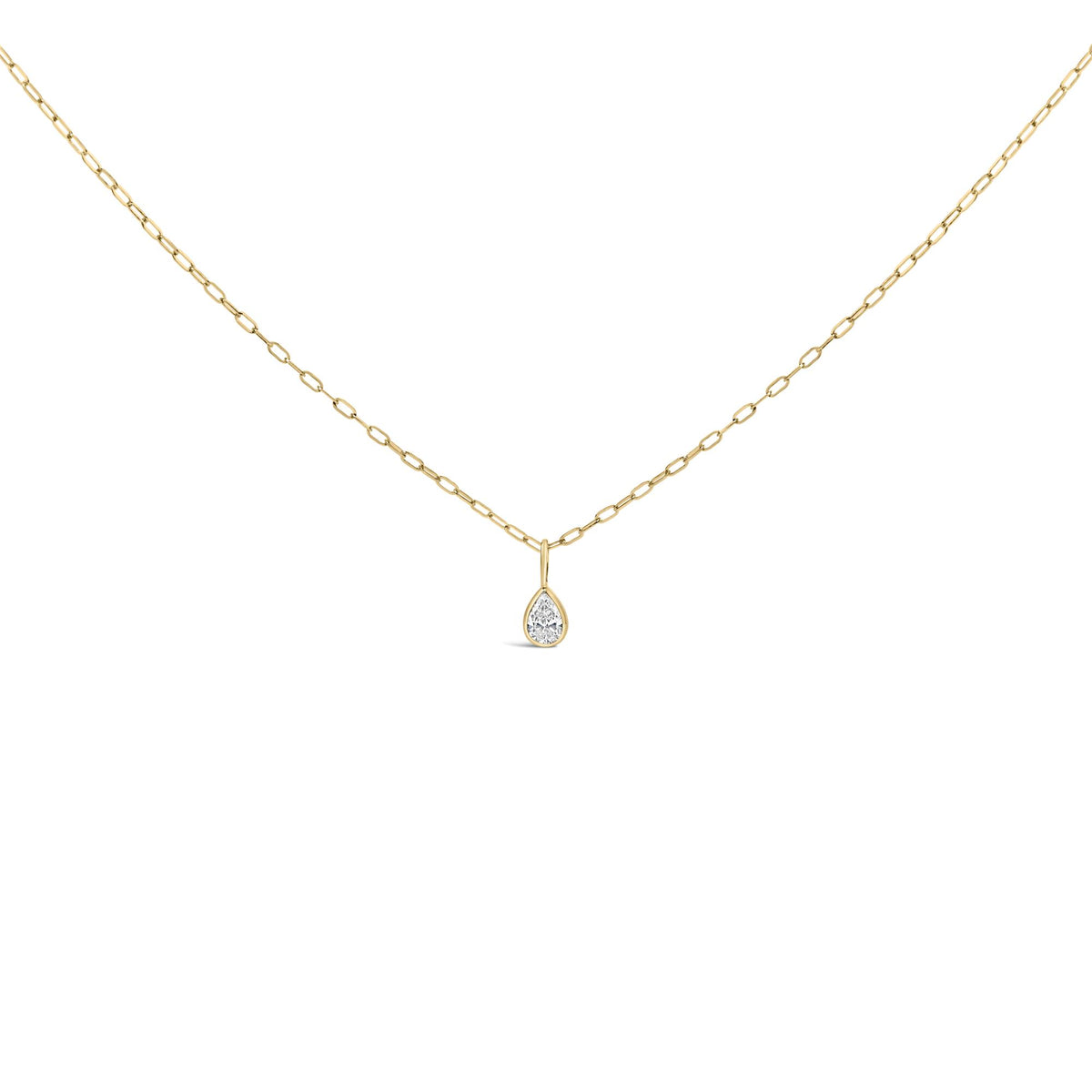Yellow metal necklace with a pear-shaped white gemstone in a bezel setting, shown from a front angle on a white background.