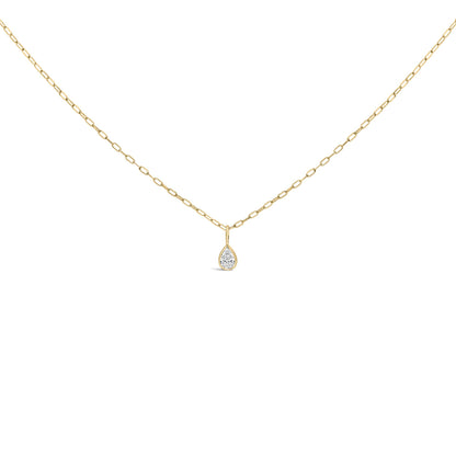 Yellow metal necklace with a pear-shaped white gemstone in a bezel setting, shown from a front angle on a white background.