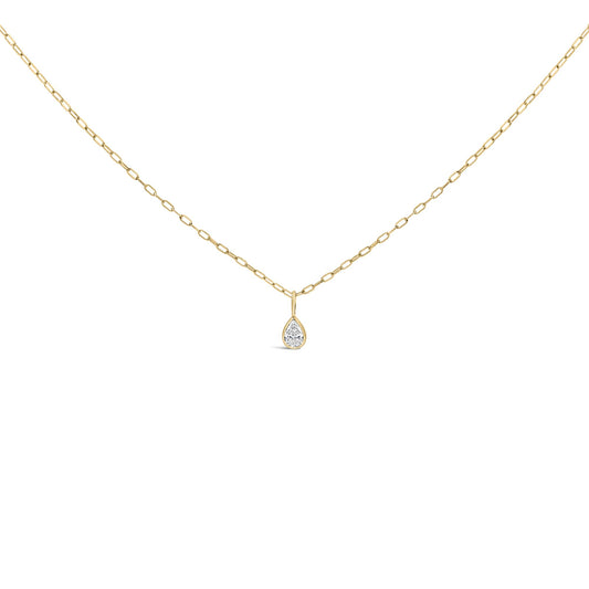 Yellow metal necklace with a pear-shaped white gemstone in a bezel setting, shown from a front angle on a white background.