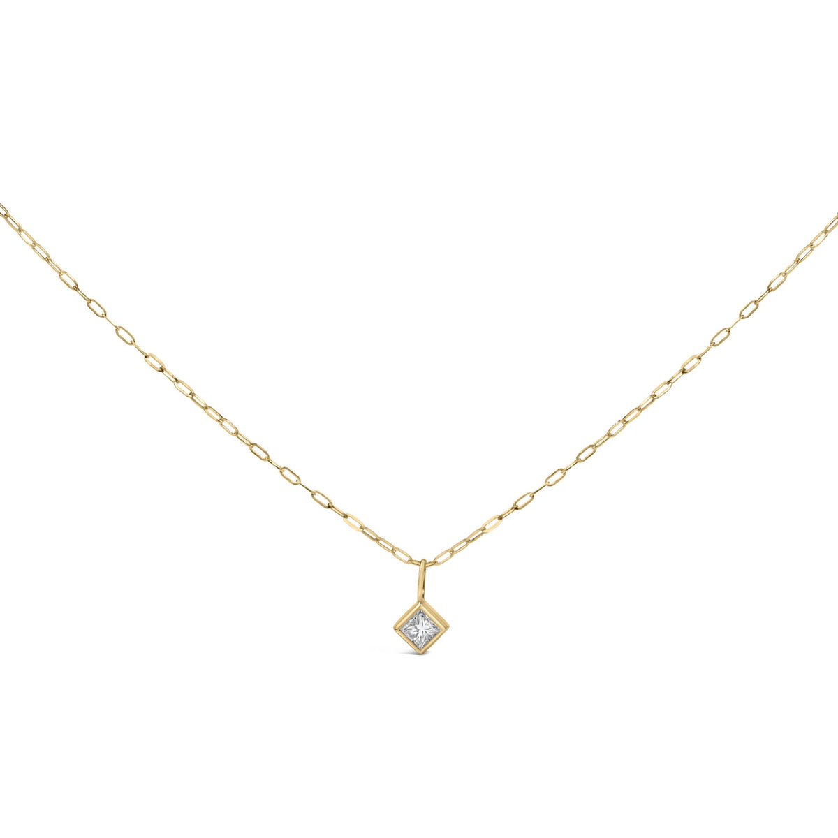 Close-up front view of a yellow necklace with a square-shaped white gemstone in a bezel setting hanging from a delicate chain.