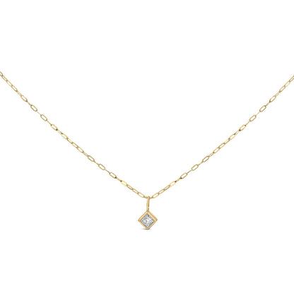 Close-up front view of a yellow necklace with a square-shaped white gemstone in a bezel setting hanging from a delicate chain.