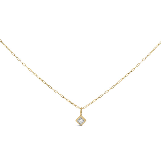 Close-up front view of a yellow necklace with a square-shaped white gemstone in a bezel setting hanging from a delicate chain.
