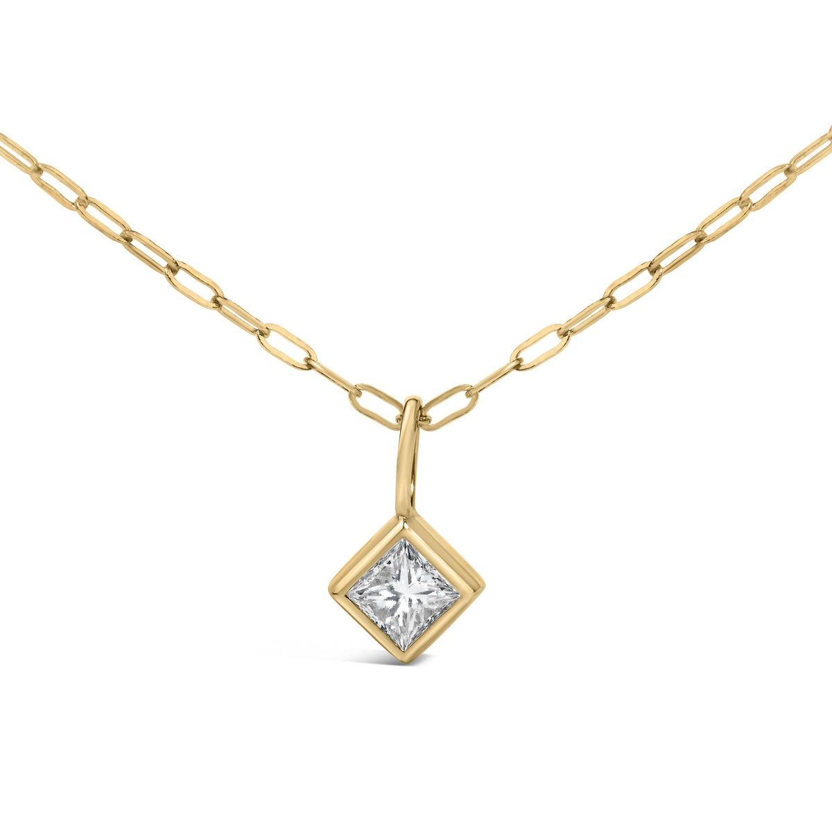 Close-up front view of a yellow metal necklace with a pendant featuring a princess-shaped white gemstone in a bezel setting.