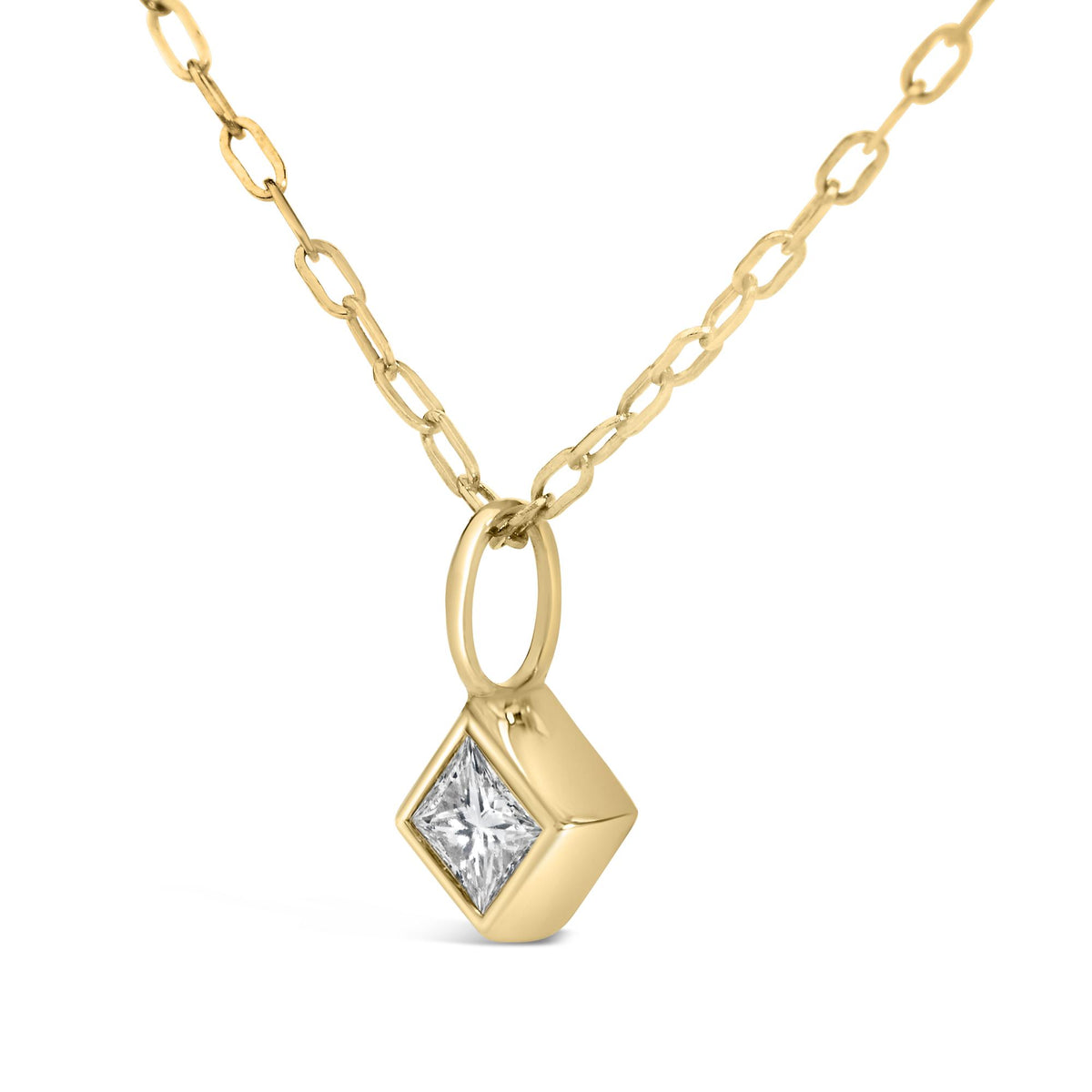 Close-up front view of a yellow metal necklace with a pendant featuring a single white gemstone in a princess shape bezel setting.