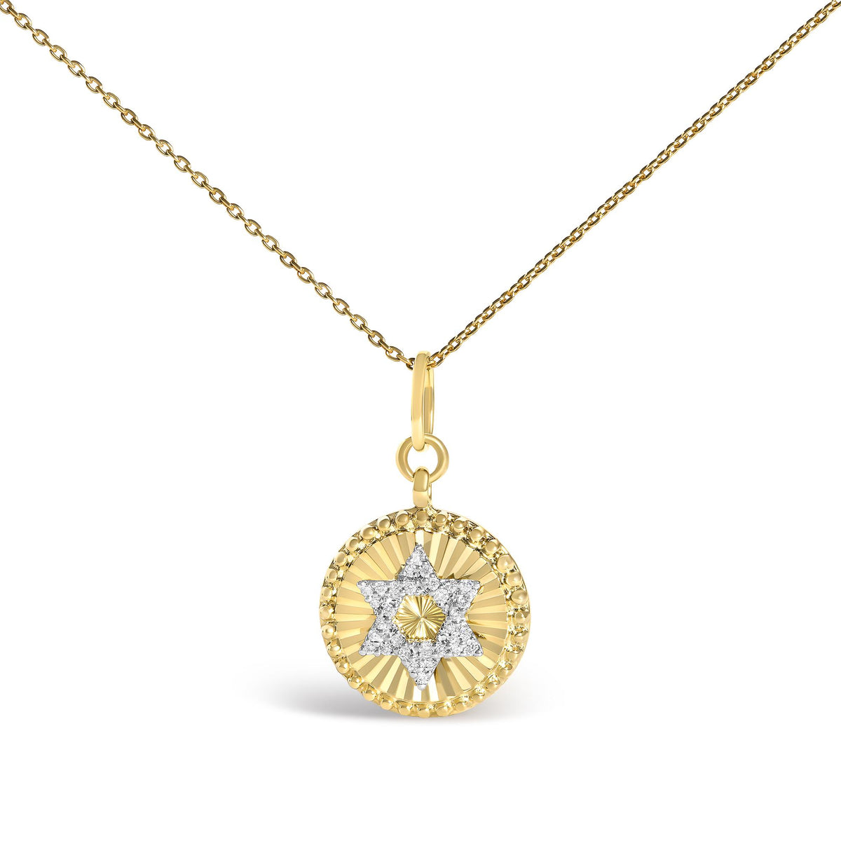10K Yellow Gold 1/10 Cttw Diamond Star of David Fluted Medallion Pendant Necklace