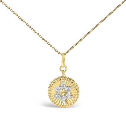 10K Yellow Gold 1/10 Cttw Diamond Star of David Fluted Medallion Pendant Necklace