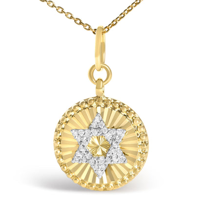 10K Yellow Gold 1/10 Cttw Diamond Star of David Fluted Medallion Pendant Necklace
