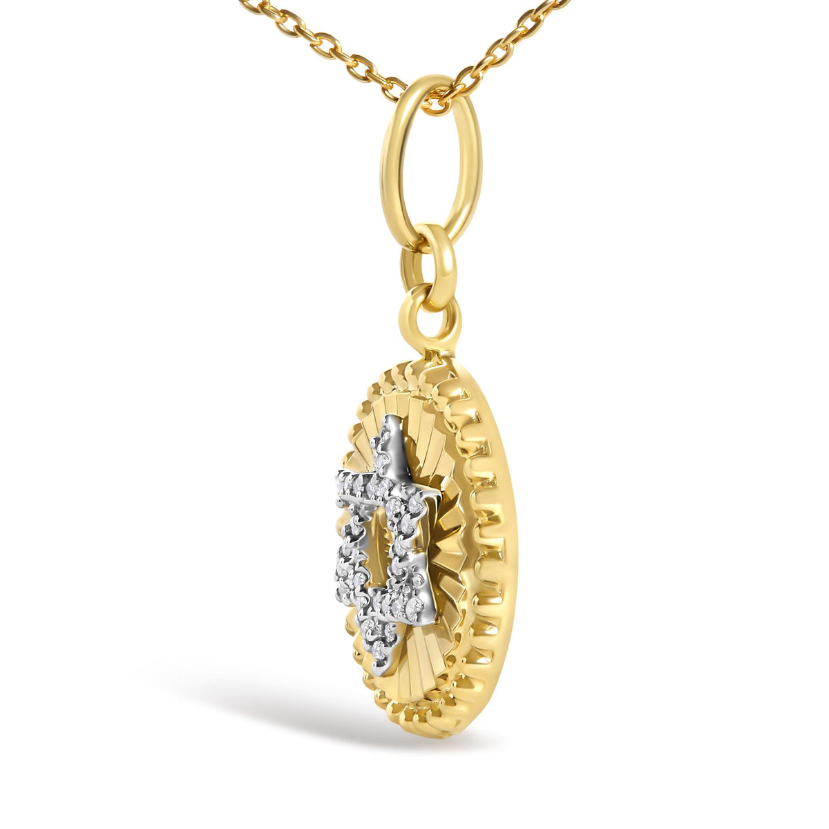 10K Yellow Gold 1/10 Cttw Diamond Star of David Fluted Medallion Pendant Necklace