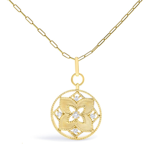 Close-up front view of a yellow necklace with a chain of elongated links and a round pendant featuring a floral design accented with five white round gemstones in prong settings.