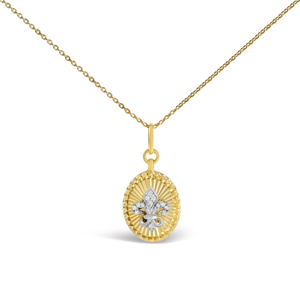 10K Yellow Gold Diamond Accent Fleur de Lis Fluted Medallion Pendant Necklace