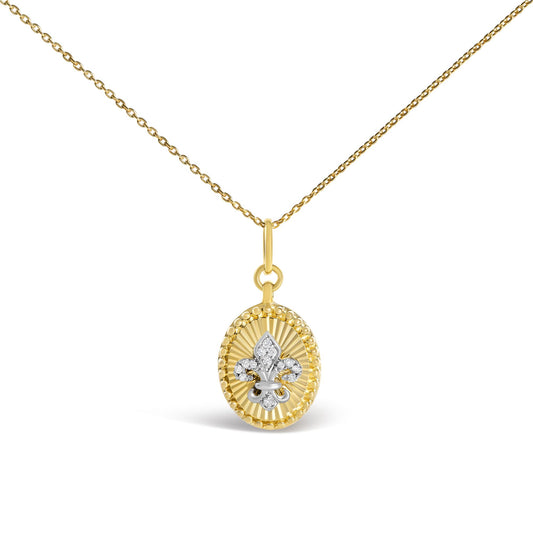 Front view of 10K yellow gold fleur de lis fluted medallion pendant necklace showcasing diamond accents on white background