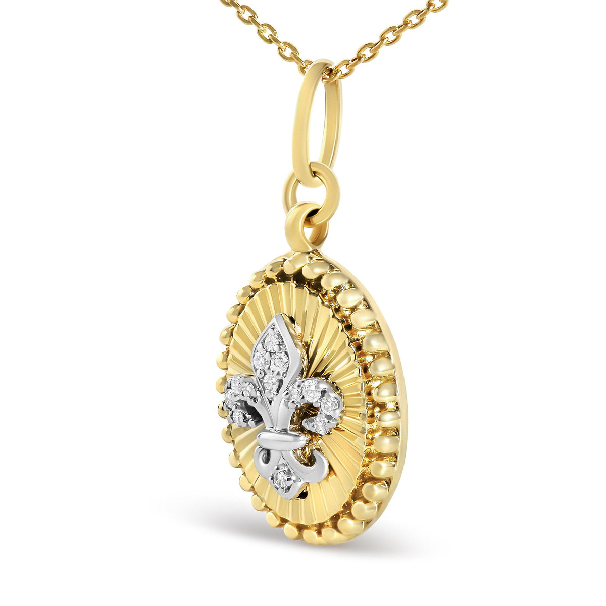 10K Yellow Gold Diamond Accent Fleur de Lis Fluted Medallion Pendant Necklace