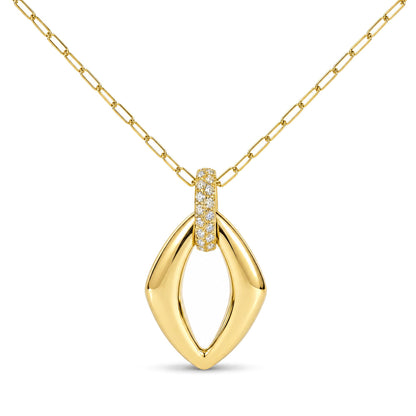 Close-up front angle of a yellow necklace with an open geometric pendant and a small bar detail encrusted with small round white gemstones in prong settings.