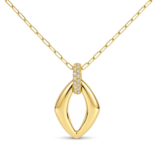 Close-up front angle of a yellow necklace with an open geometric pendant and a small bar detail encrusted with small round white gemstones in prong settings.