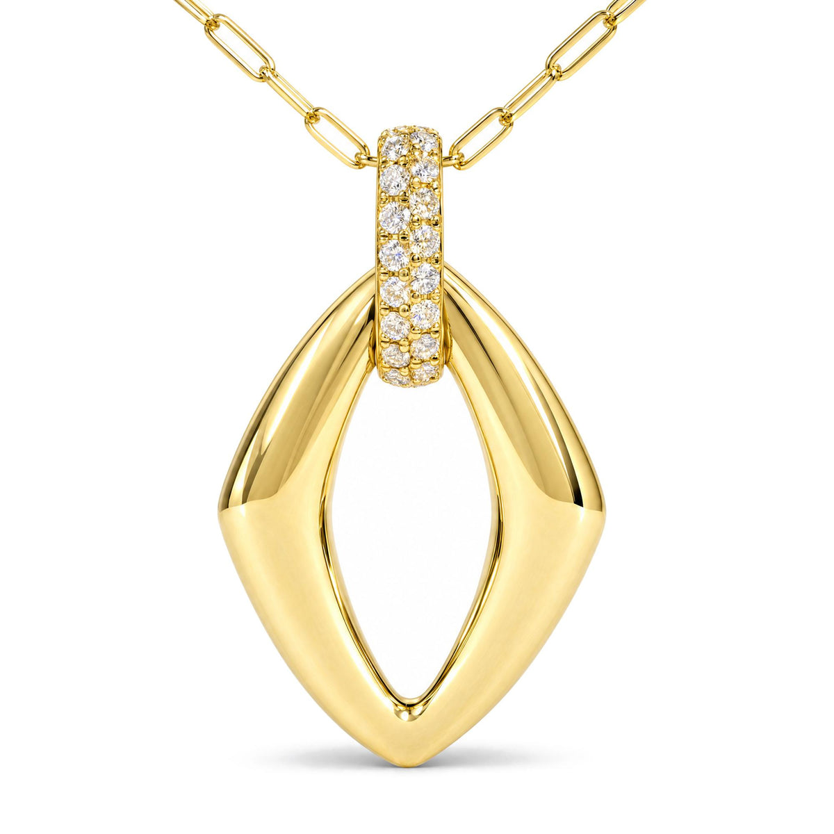 Close-up front view of a yellow necklace with a curved diamond-shaped pendant. The pendant features a vertical bar encrusted with round white gemstones in prong settings. The necklace chain consists of elongated links.