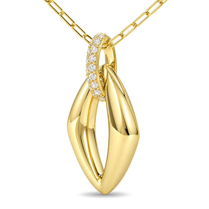 Close-up front view of a yellow metal necklace with an intertwined pendant featuring one section adorned with prong-set round white gemstones, shown on a white background.