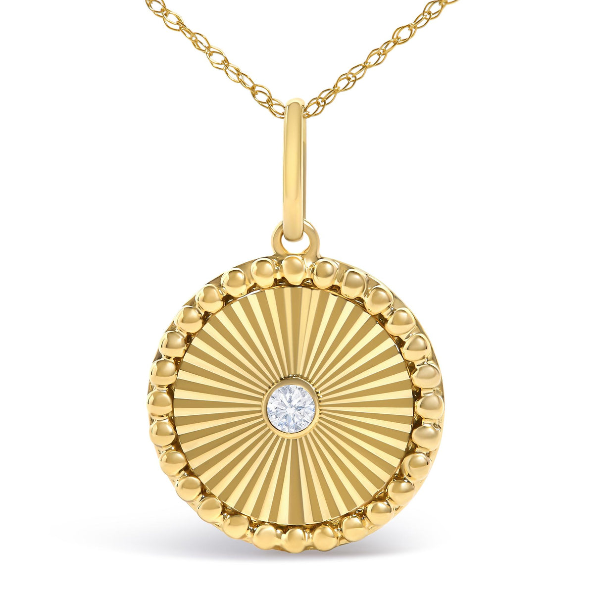 14K Yellow Gold Diamond Accent Medallion Circle Fluted Pendant Necklace