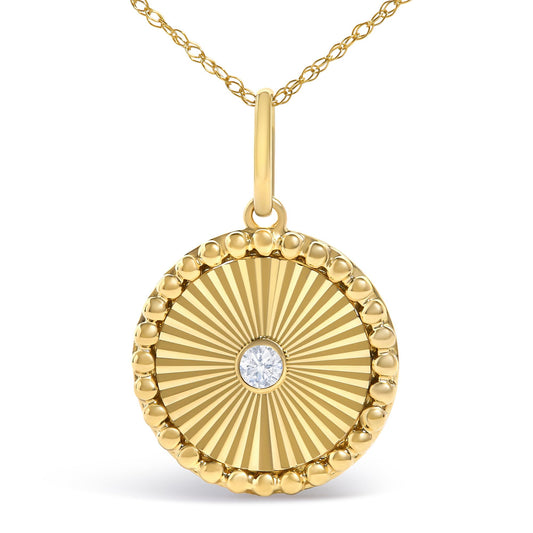 14K Yellow Gold Diamond Accent Medallion Circle Fluted Pendant Necklace