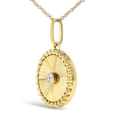 14K Yellow Gold Diamond Accent Medallion Circle Fluted Pendant Necklace