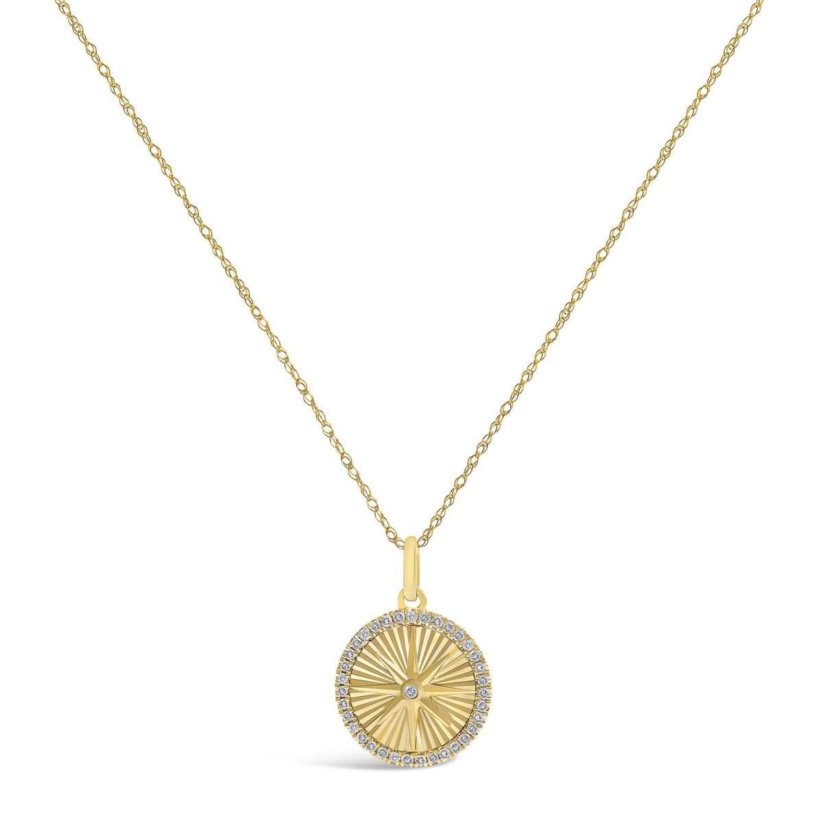 14K Yellow Gold 1/5 Cttw Diamond Starburst Fluted Medallion Pendant Necklace