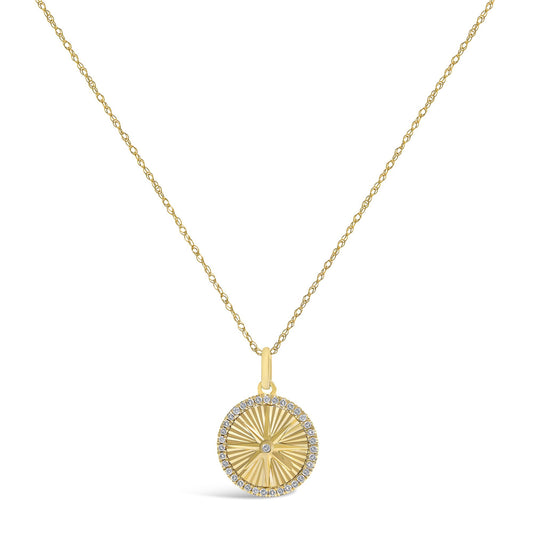 14K Yellow Gold 1/5 Cttw Diamond Starburst Fluted Medallion Pendant Necklace