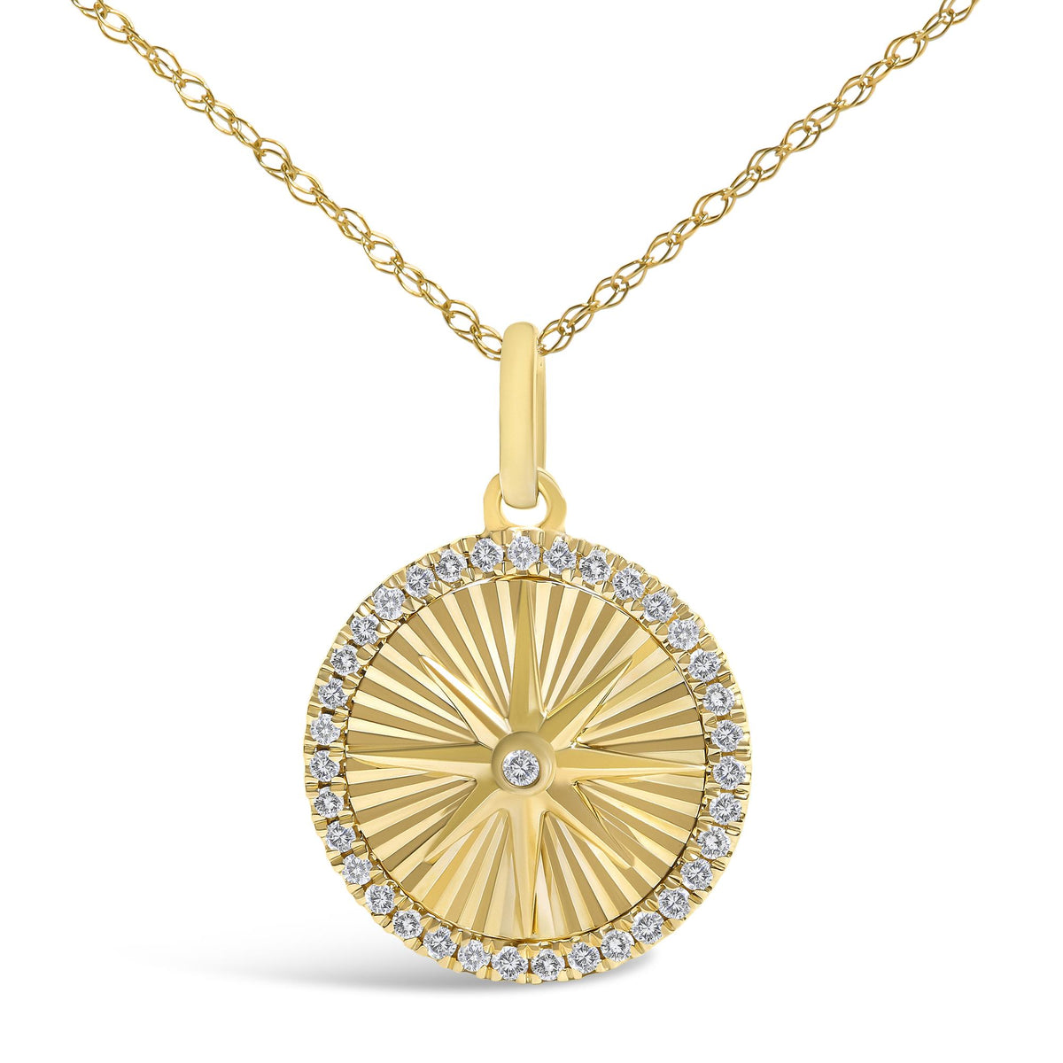 14K Yellow Gold 1/5 Cttw Diamond Starburst Fluted Medallion Pendant Necklace