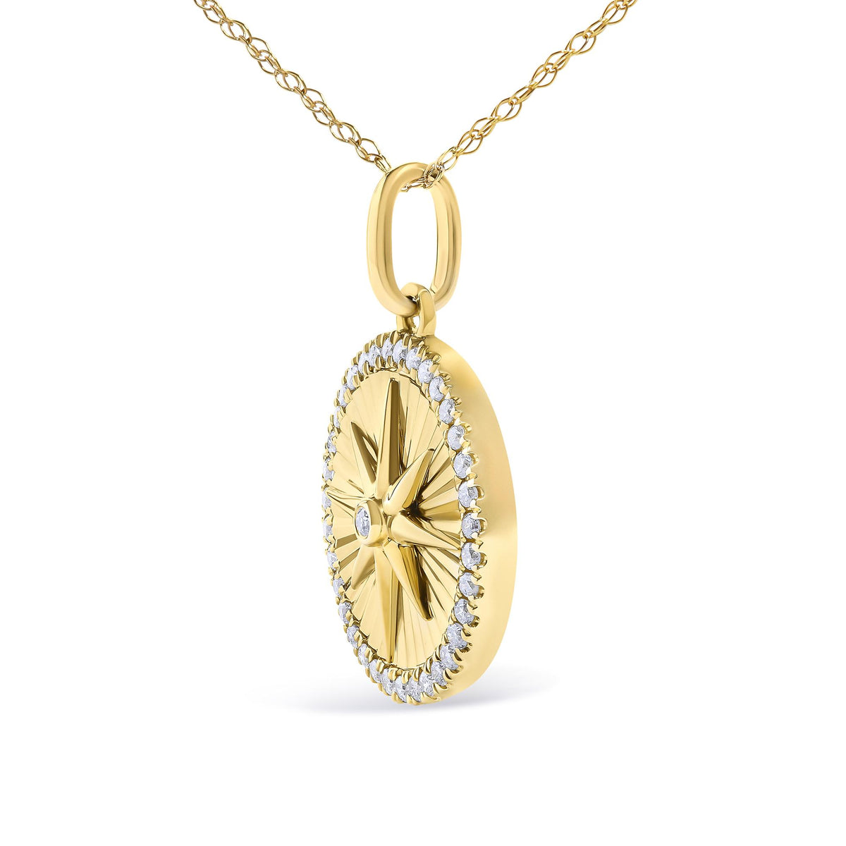 14K Yellow Gold 1/5 Cttw Diamond Starburst Fluted Medallion Pendant Necklace