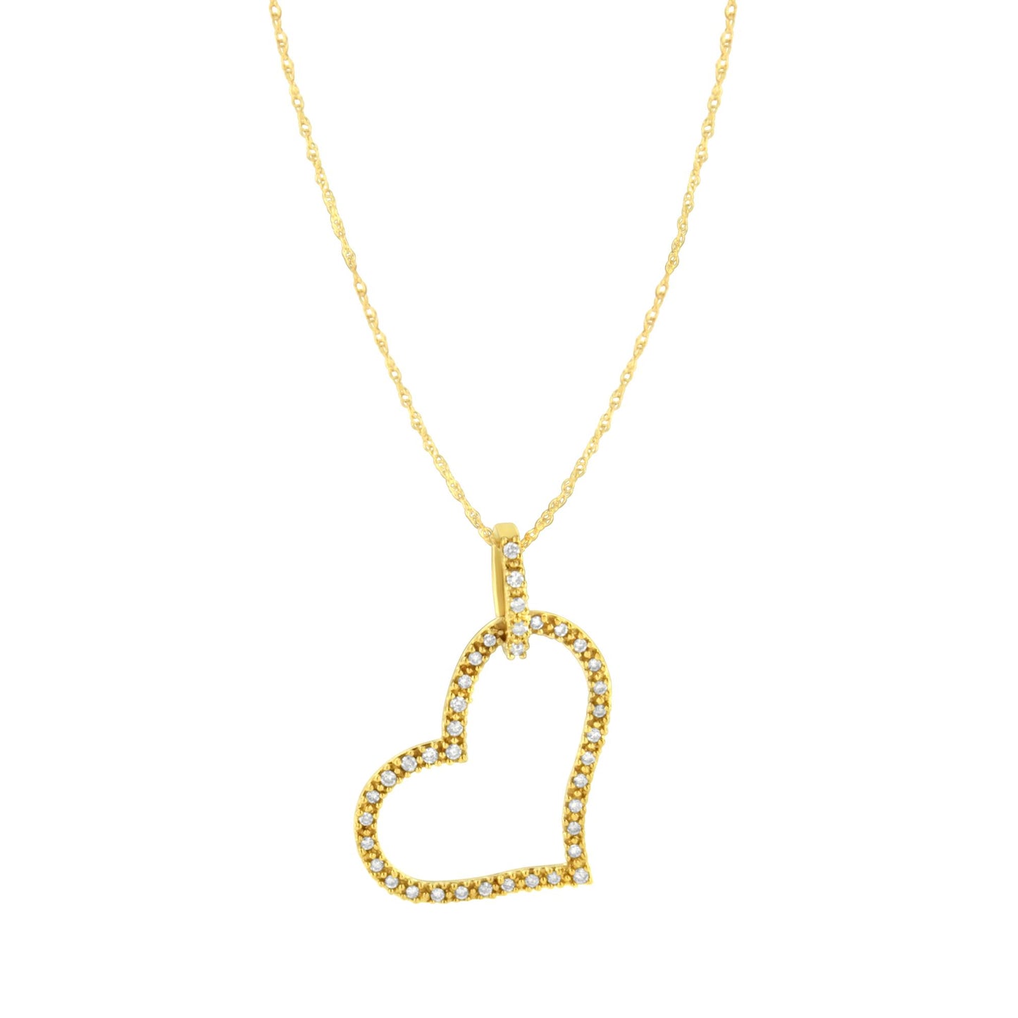 Front-facing image of a yellow metal necklace with a heart-shaped pendant outlined with round prong-set brownish gemstones.