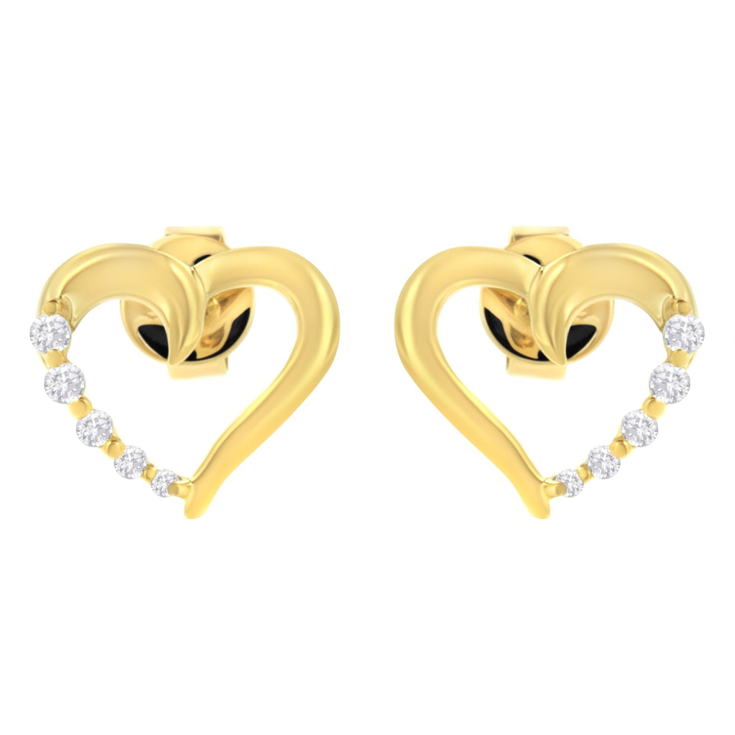 Pair of yellow metal heart-shaped earrings with a curve of small white gemstones along one side, shown from the front angle.