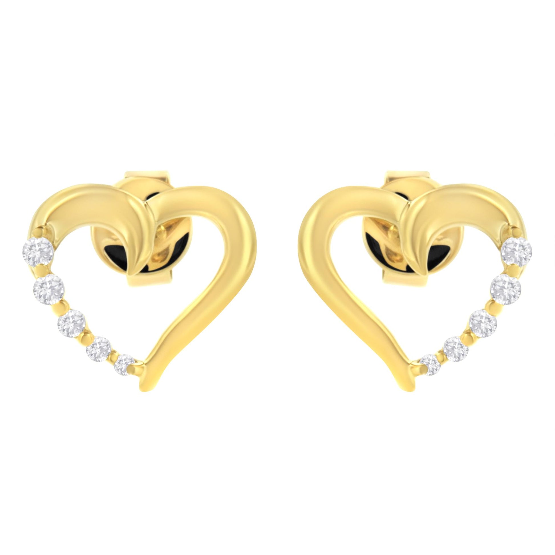 Pair of yellow metal heart-shaped earrings with a curve of small white gemstones along one side, shown from the front angle.