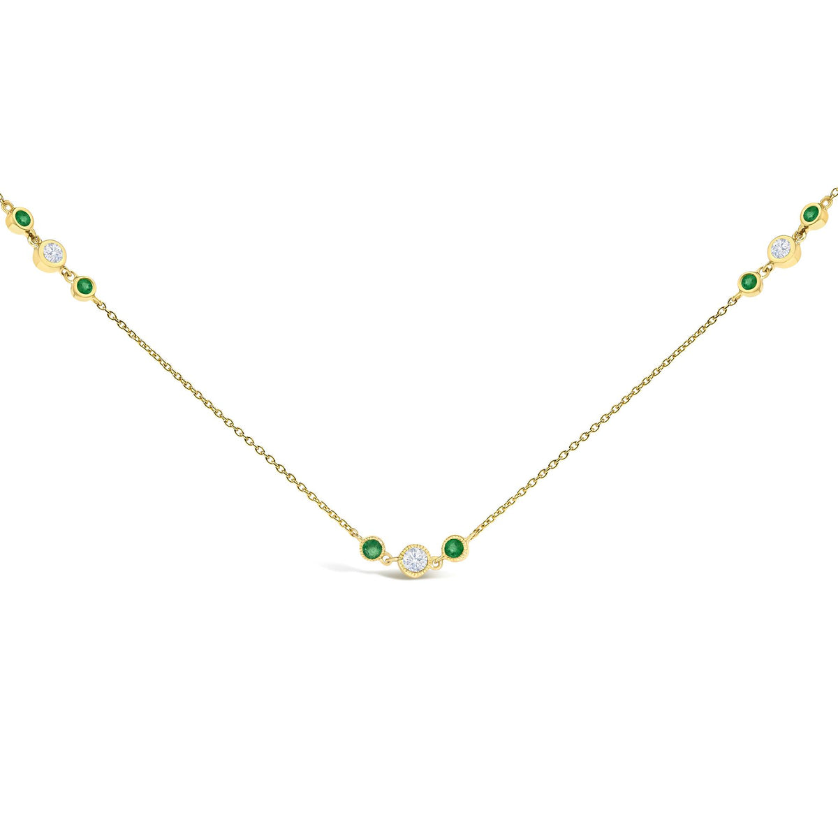 14K Yellow Gold Emerald and 1/2 Cttw Diamond Station Necklace