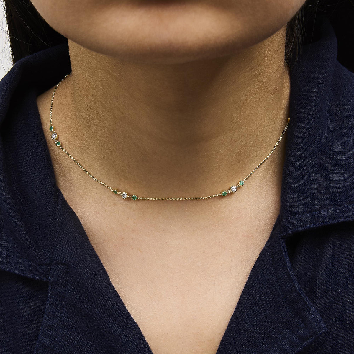 14K Yellow Gold Emerald and 1/2 Cttw Diamond Station Necklace
