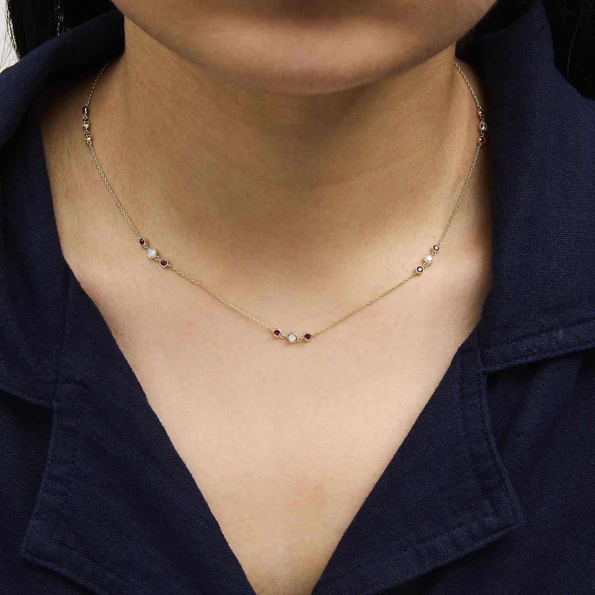 14K Yellow Gold Ruby and 1/2 Cttw Diamond Station Necklace