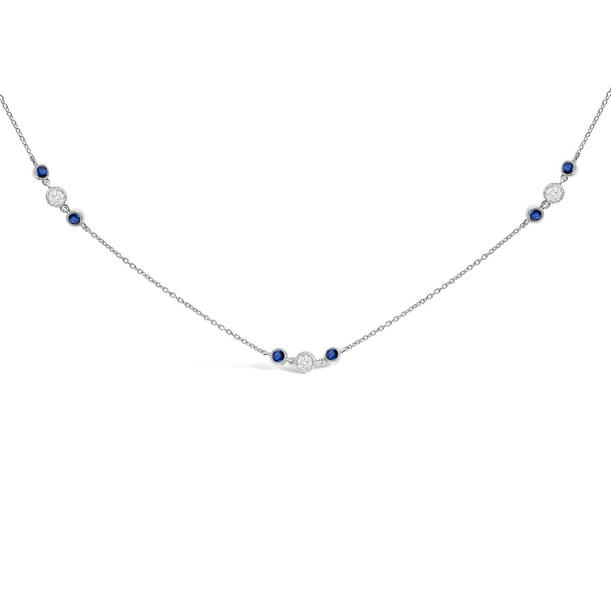 14K White Gold Sapphire and 1/2 Cttw Diamond Station Necklace