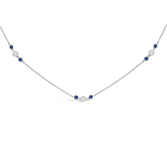14K White Gold Sapphire and 1/2 Cttw Diamond Station Necklace