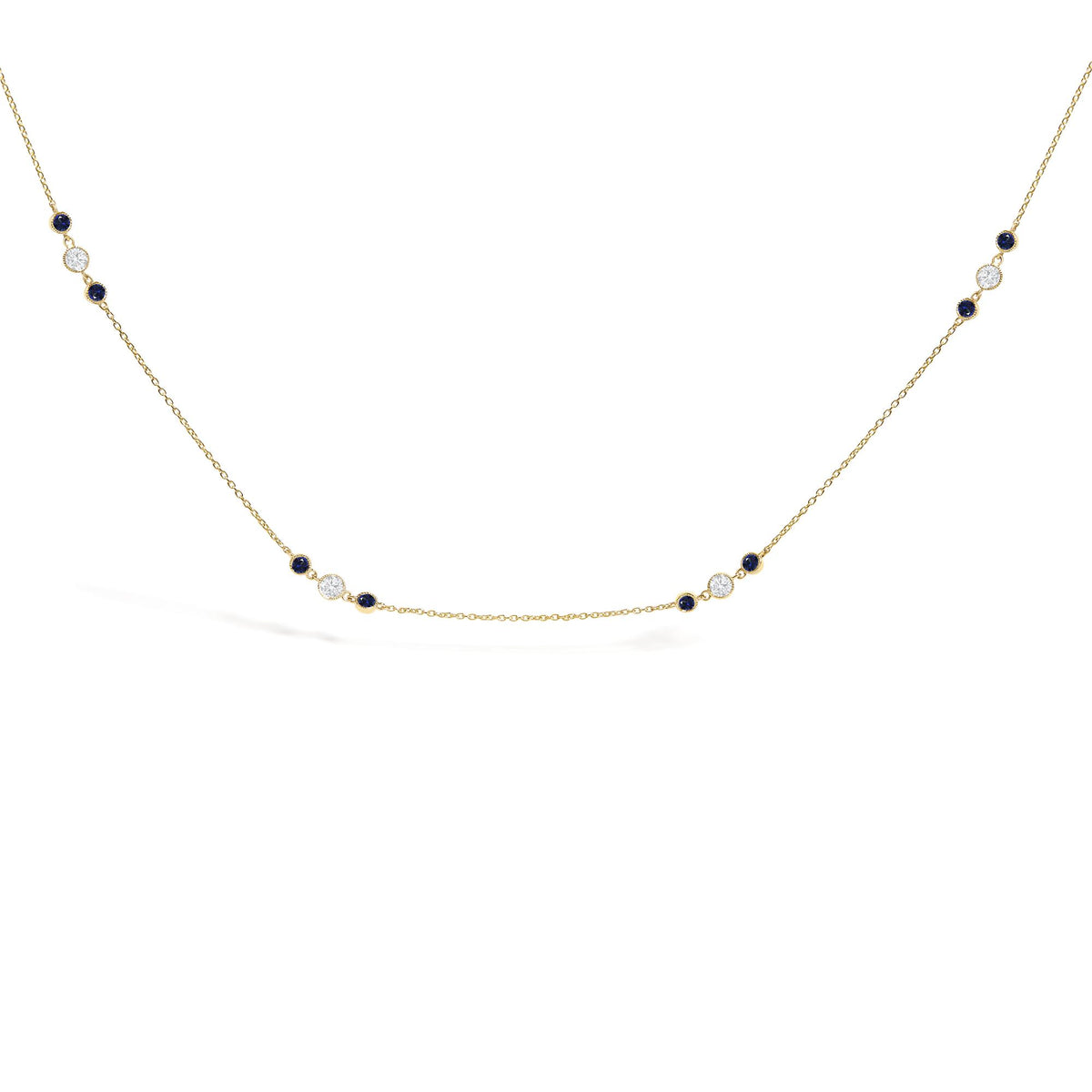 14K Yellow Gold Sapphire and 1/2 Cttw Diamond Station Necklace