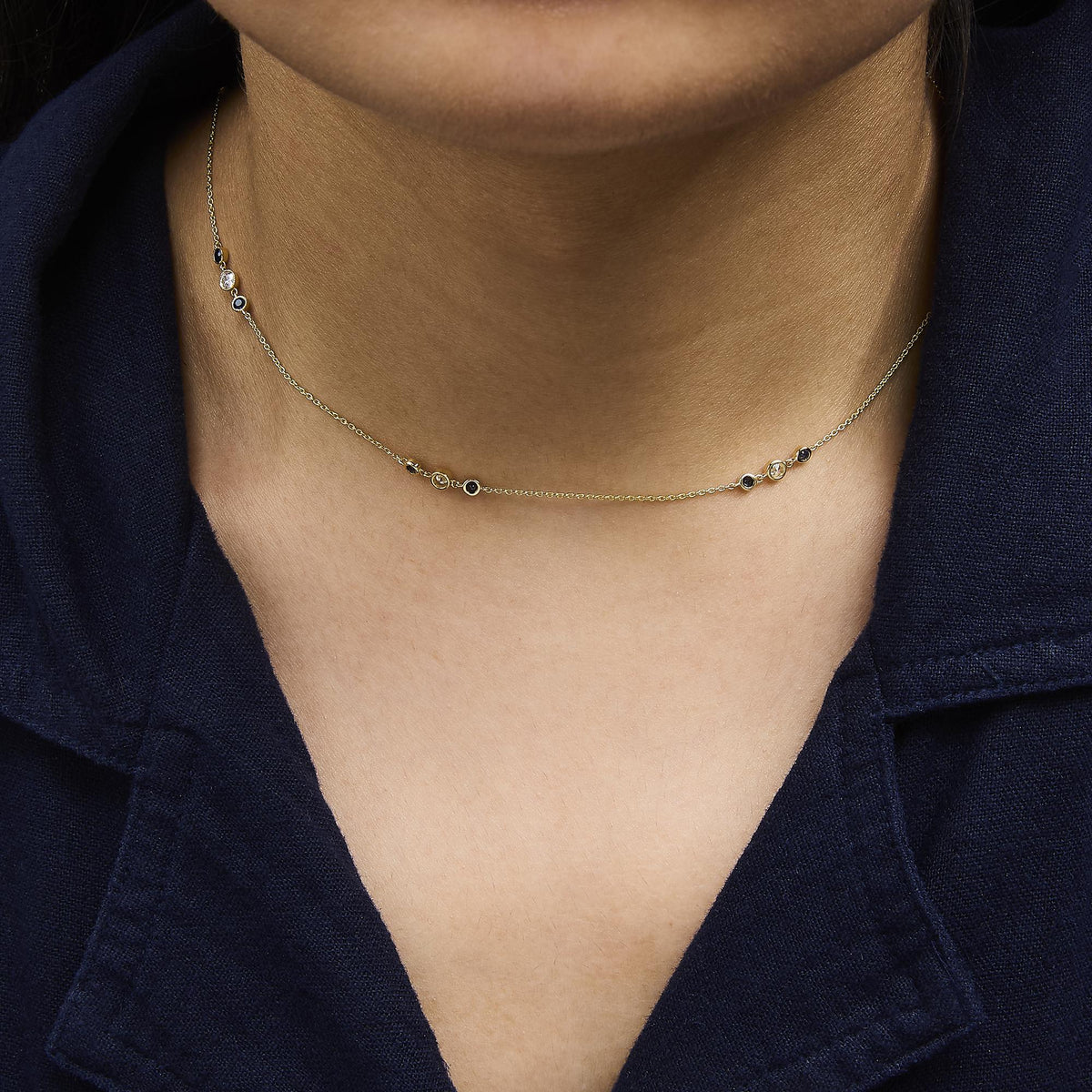 14K Yellow Gold Sapphire and 1/2 Cttw Diamond Station Necklace