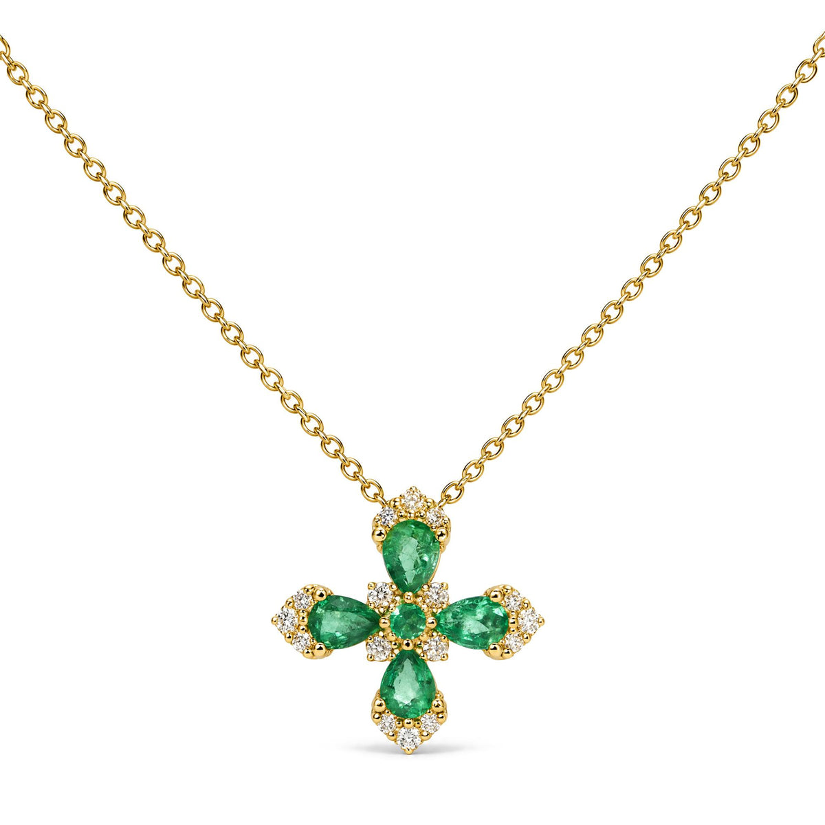 Close-up front view of a yellow necklace with a cross-shaped pendant featuring pear-shaped green gemstones surrounded by round white gemstones in prong settings.
