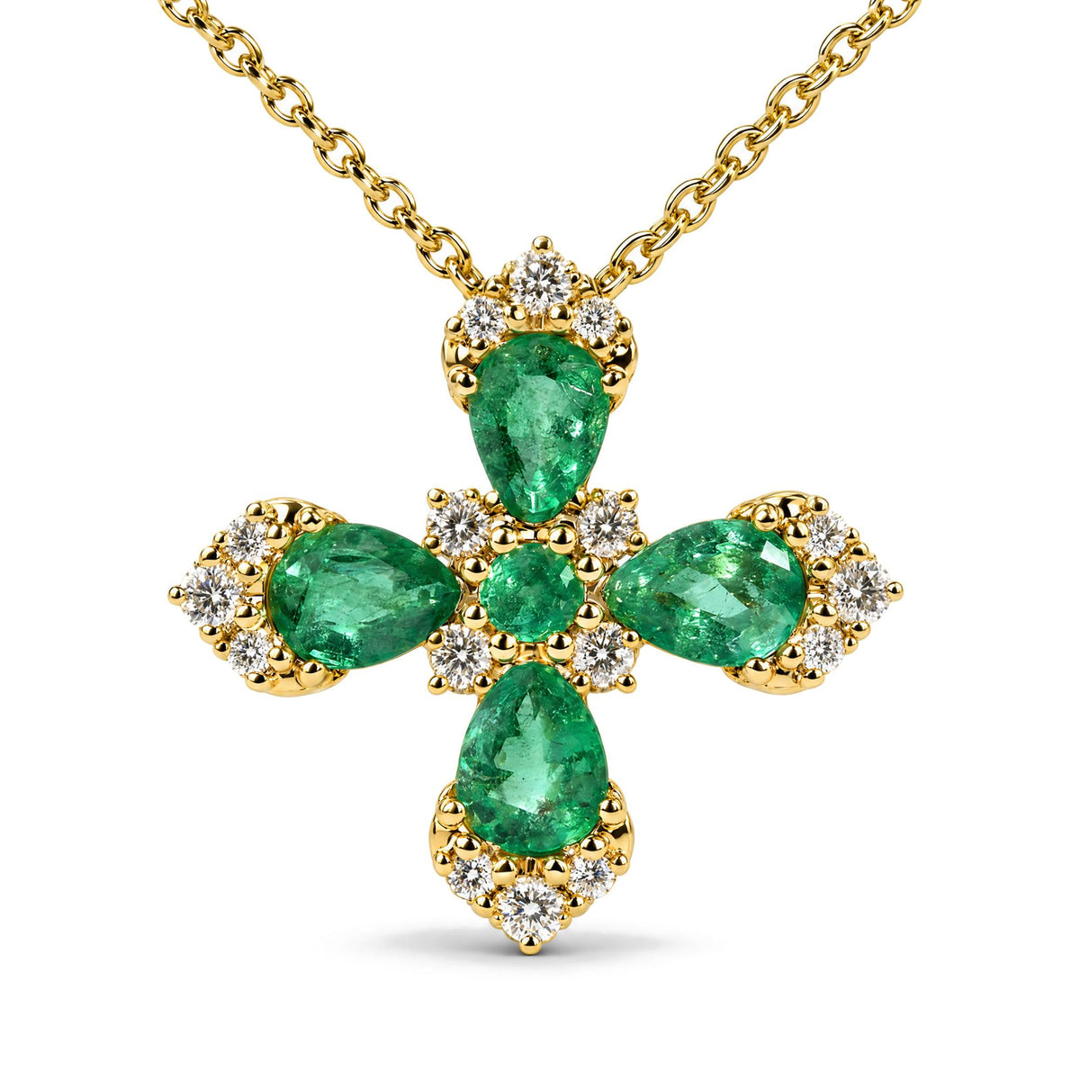 Close-up front view of a yellow metal necklace with a cross-shaped pendant featuring pear-shaped green gemstones surrounded by round white gemstones, shown on a white background.