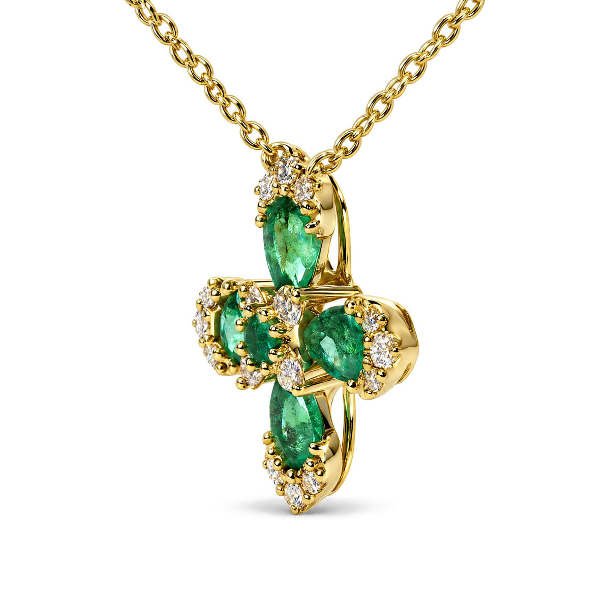 Close-up front view of a yellow metal necklace with a pendant featuring multiple pear-shaped green gemstones surrounded by round white gemstones in prong settings.