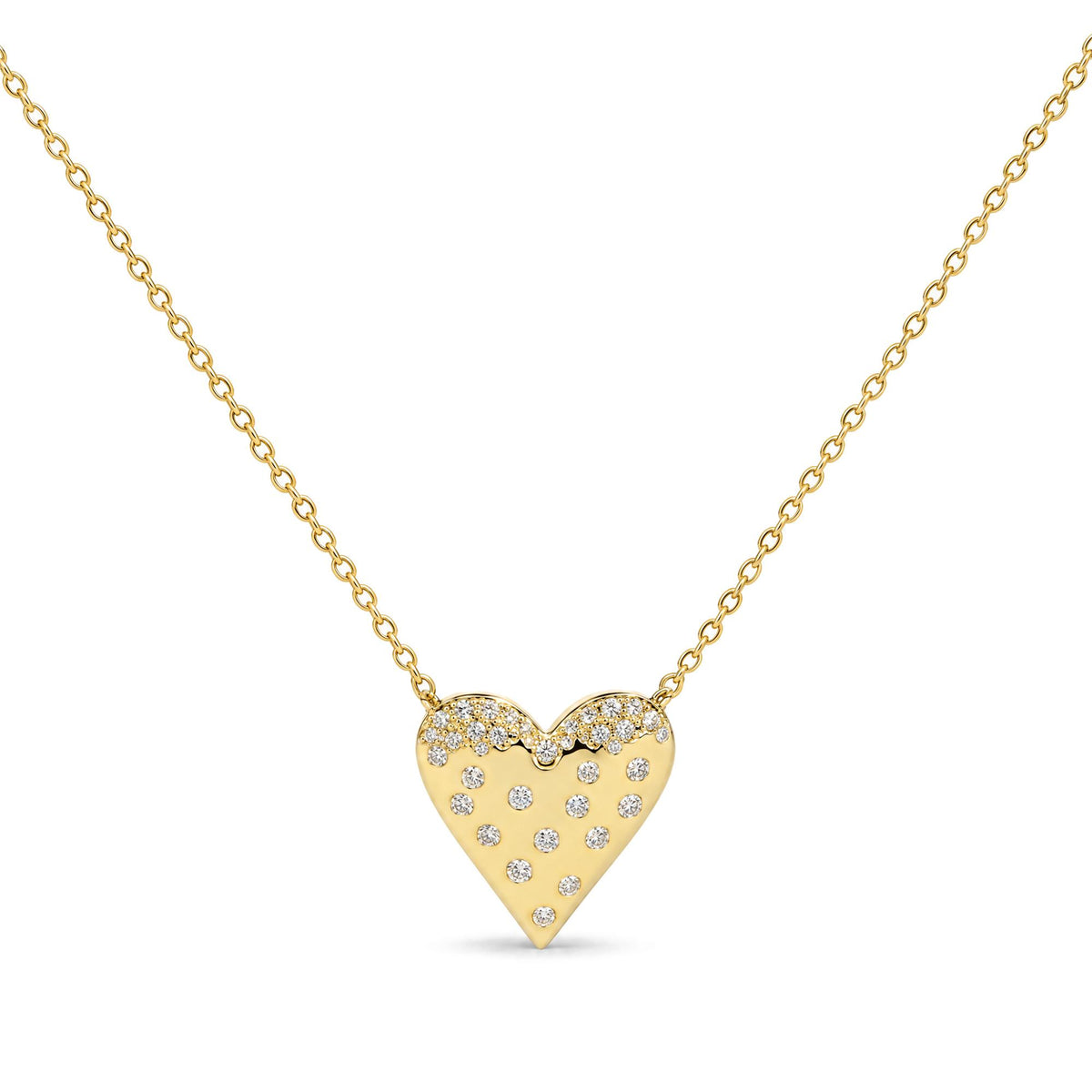 Close-up front view of a yellow metal heart-shaped necklace pendant adorned with small white gemstones in a pave setting, hanging from a delicate yellow metal chain.
