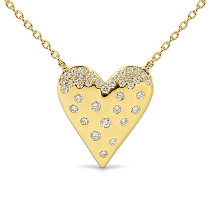 Close-up front view of a yellow heart-shaped necklace pendant adorned with round white gemstones in pave settings, attached to a yellow chain.